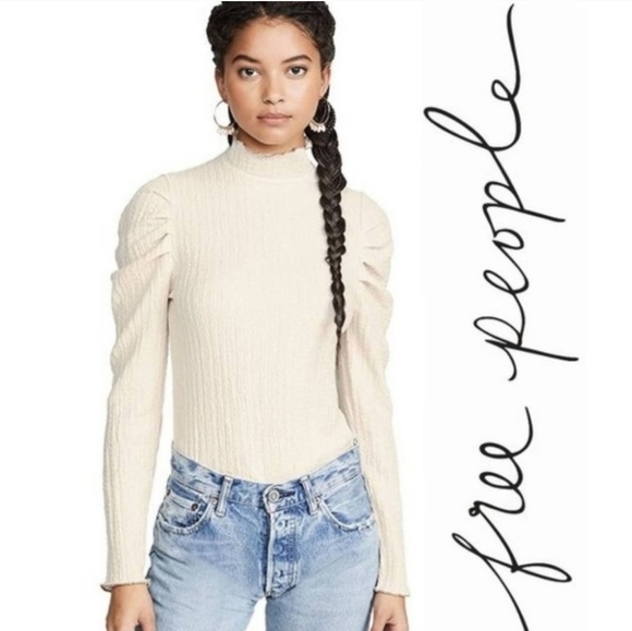Free People Tops - FREE PEOPLE Ela Mock Neck Puff Sleeve Cream Blouse Medium